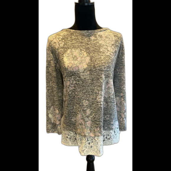 Van Heusen Top Plus Size XL Distressed Gray Pink Flowers Boho Lace Hem Blouse - Picture 1 of 12